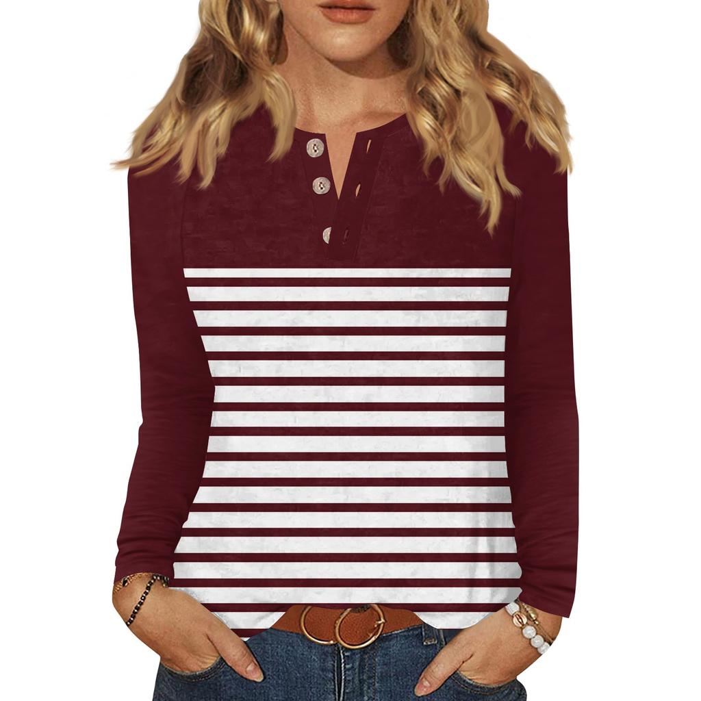 Женская футболка с принтом, на пуговицах, с длинным рукавом, повседневная, для выходных, модная, базовая, с V-образным вырезом, обычный топ