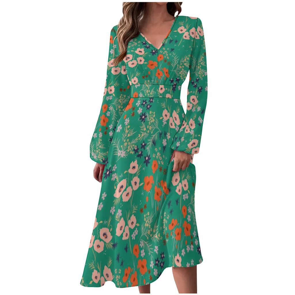 Женское осенне-зимнее повседневное модное длинное платье с v-образным вырезом и длинным рукавом с цветочным принтом