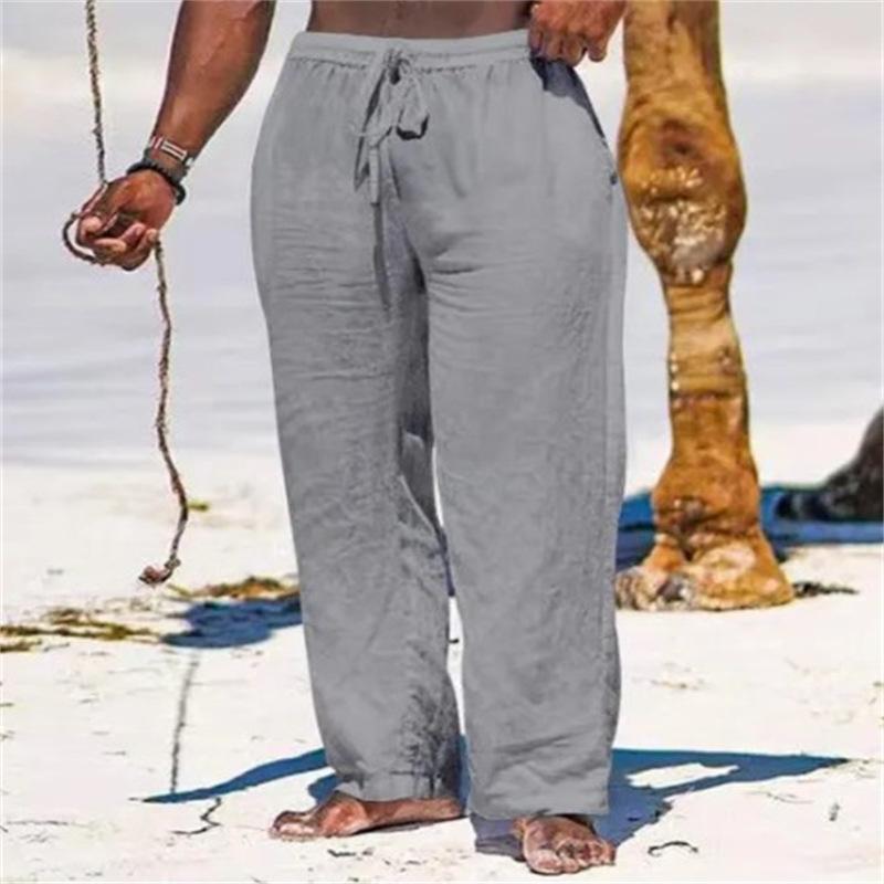 Men's Cotton Linen Solid Colour Drawstring Breathable Outdoor Daily Loose Straight Trousers
