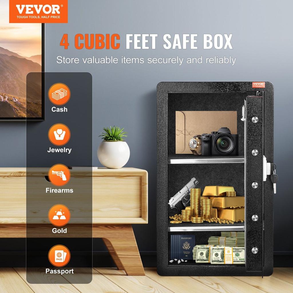 Single Door 3.5 cu.ft Safe Box with Key Lock Password & Fingerprint Black
