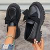 Women's Platform Loafers With Bow Accents, Round Toe Slip On Lug Sole Shoes, Preppy Style Uniform/Work Shoes