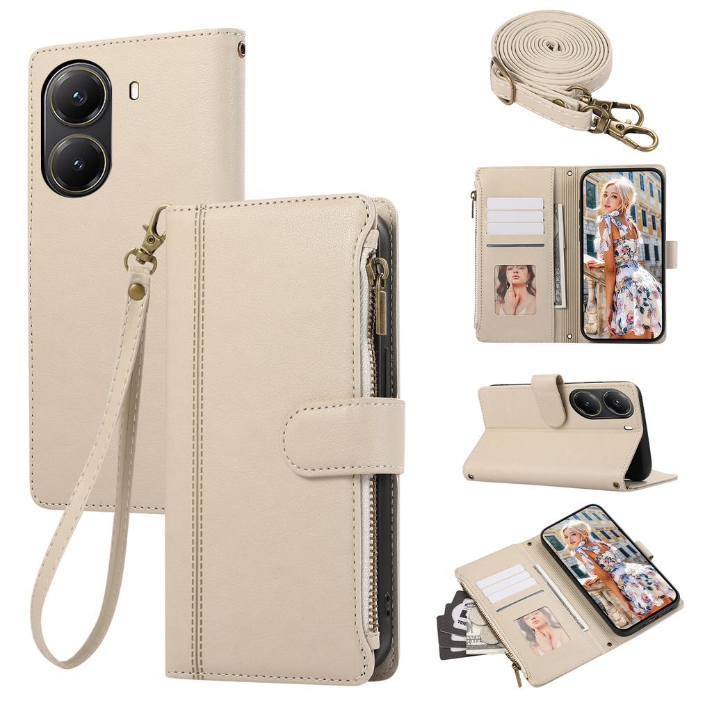 Для Xiaomi Poco X7 Pro 5G/Redmi Turbo 4 5G Чехол Многослотовый на молнии Кожаный чехол для телефона с плечевым ремнем/ремешком на запястье