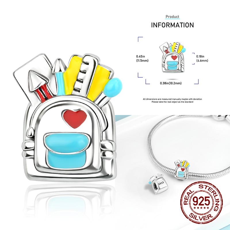 Copper School Backpack Book Pencil Trophy Charm Beads Fit The Original Charm Bracelet Women Diy Jewelry
