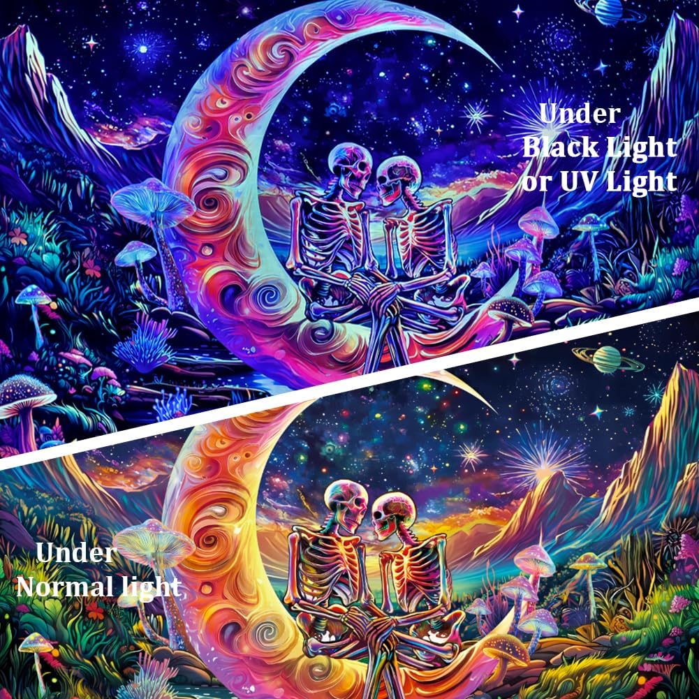 Huzuya Blacklight Skull Tapestry UV Reactive Galaxy Space Tapestries Psychedelic Moon Wall Tapestries Skeleton Lovers Wall Hanging for Bedroom Decor