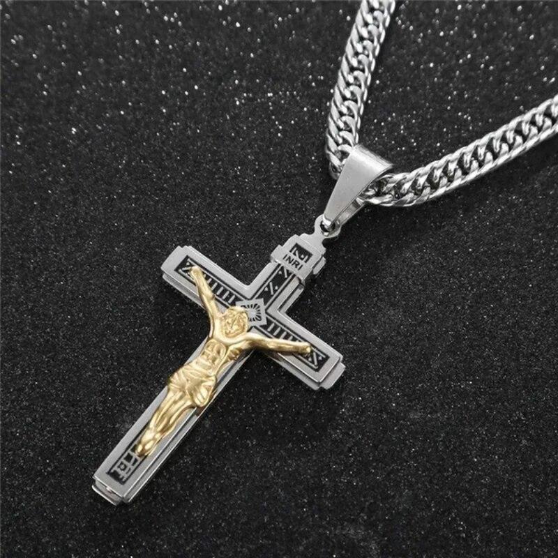 Personality Jesus Cross Necklace for Men Charm Stainless Steel Jesus Prayer Male Christian Collar Lucky Accessories