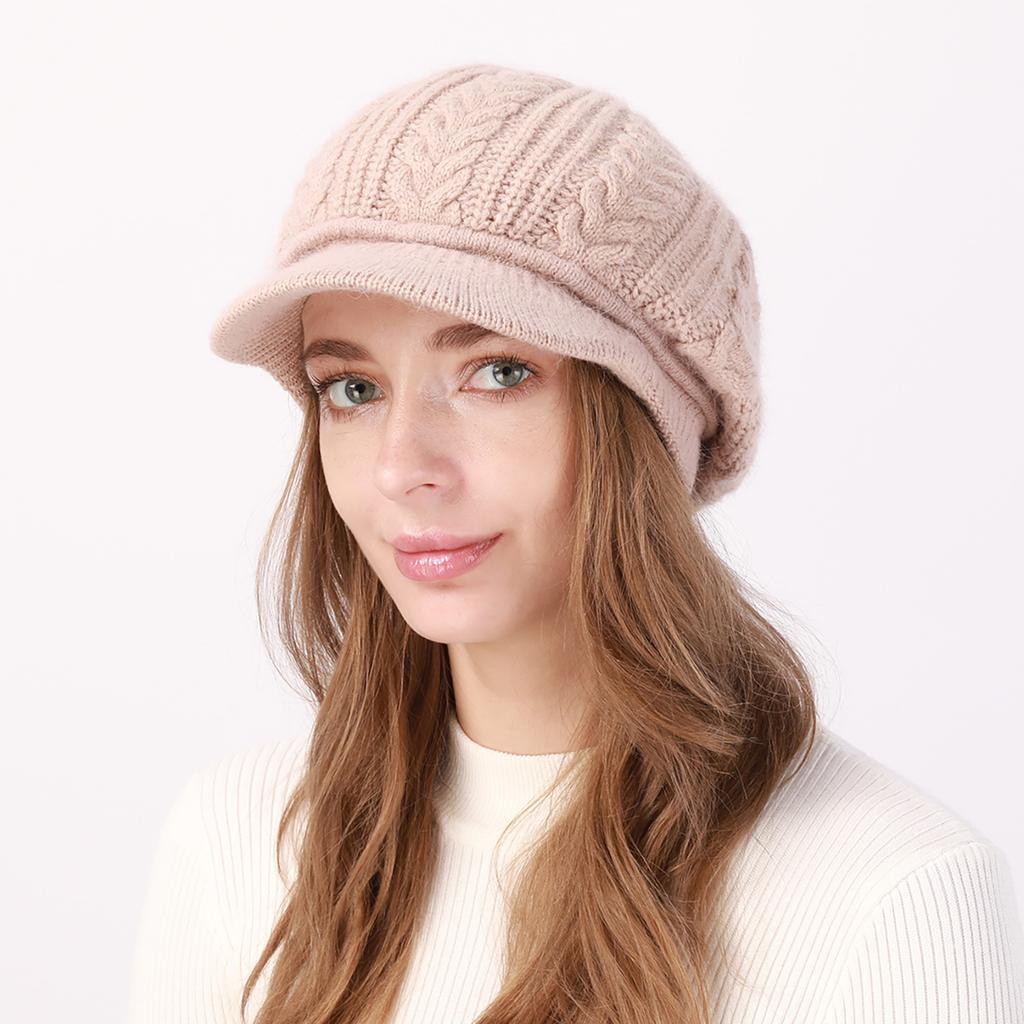 New Autumn and Winter Women's Velvet and Thickened Wool Cable Knit Cap Fashionable Warm and Cold Proof Beret Knitted Hat