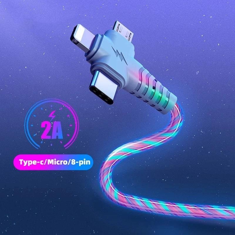 Светящийся USB-кабель 3 в 1 для Samsung, светодиодный кабель USB к Micro USB/тип C/8-контактный зарядный шнур для iPhone 13 12 Pro Xiaomi