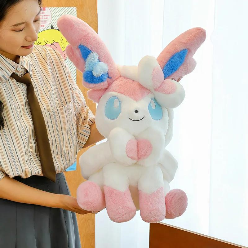 Sitting Pose Sylveon Plush Toy Huggable Soft Fluffy Stuffed Anime Doll Japanese Style Throw Pillow Sofa Bed Home Decor Gifts
