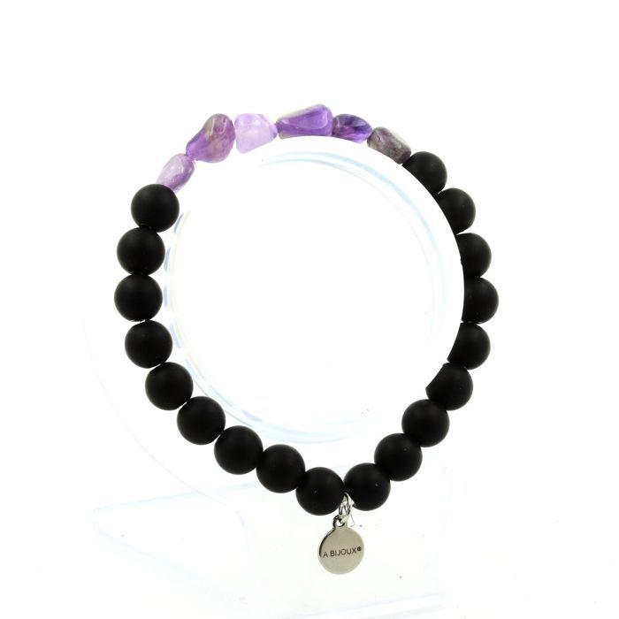 Stones and Minerals. Brazilian Amethyst Bracelet + 8mm Matte Black Onyx Beads. Made In France.