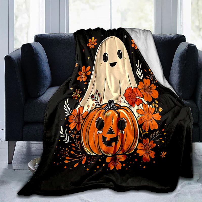1pc Cartoon Ghost & Pumpkin Halloween Blanket Cartoon Throw for Home Decor, Gift Idea, Room Decoration, Living Room, Travel, Camping