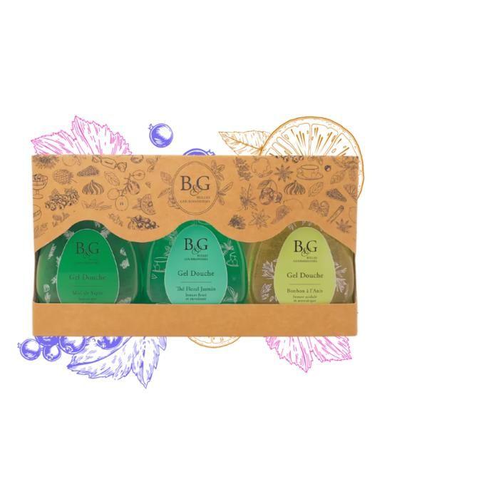 BULLES & GOURMANDISES - Coffret Emeraude 3 Gels De Douches 3x200mL Anis, Thé Floral Jasmin et Miel de Sapin