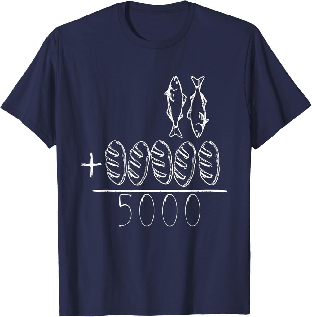 Feeding The 5000 Miracle Jesus Fish Bread Christian Bible Verse Graphic Tee Men Casual Short Sleeve
