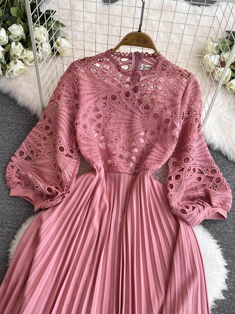 Pink Crochet Lace Hollow Out Embroidery Patchwork Pleated Dress New Summer Women O Neck Lantern Sleeve Slim Holiday Party Dress