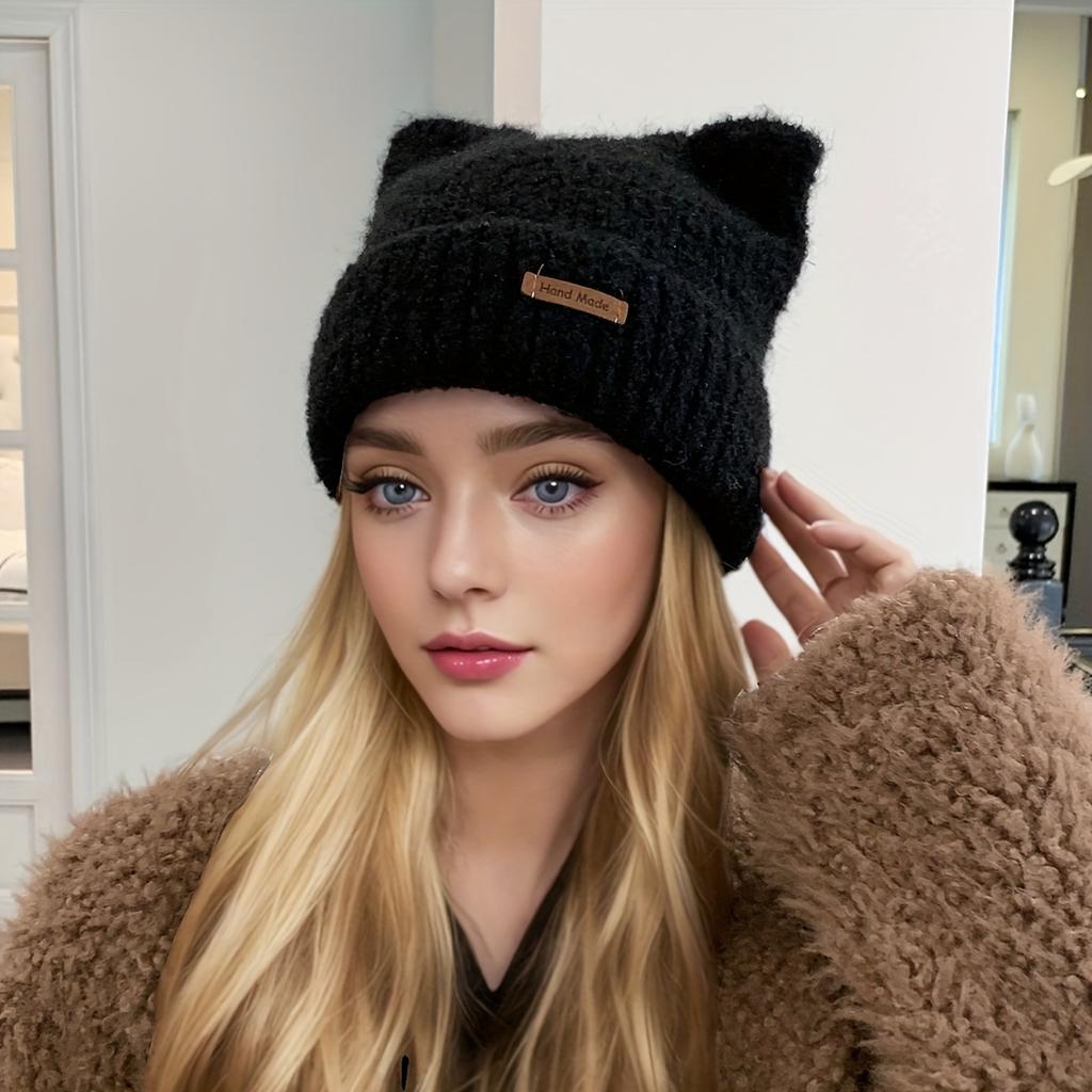 1 шт. шикарная кожаная шапка-бини с ушками - женские вязаные аксессуары для путешествий на свежем воздухе - утолщенная теплая однотонная повседневная шапка для зимы