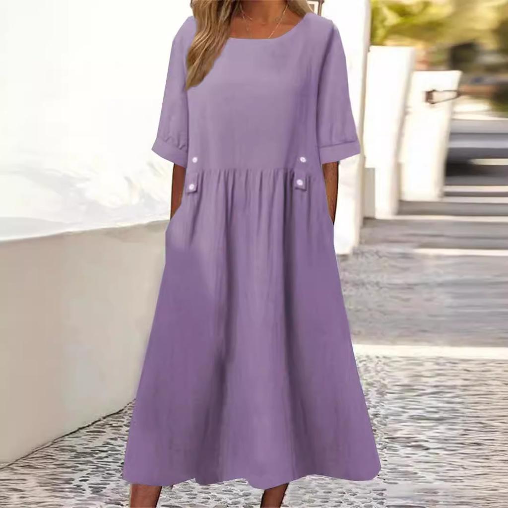 Loose Fit Dress Midi Dress with Pocket A-line Silhouette O Neckline Short Sleeves Dress