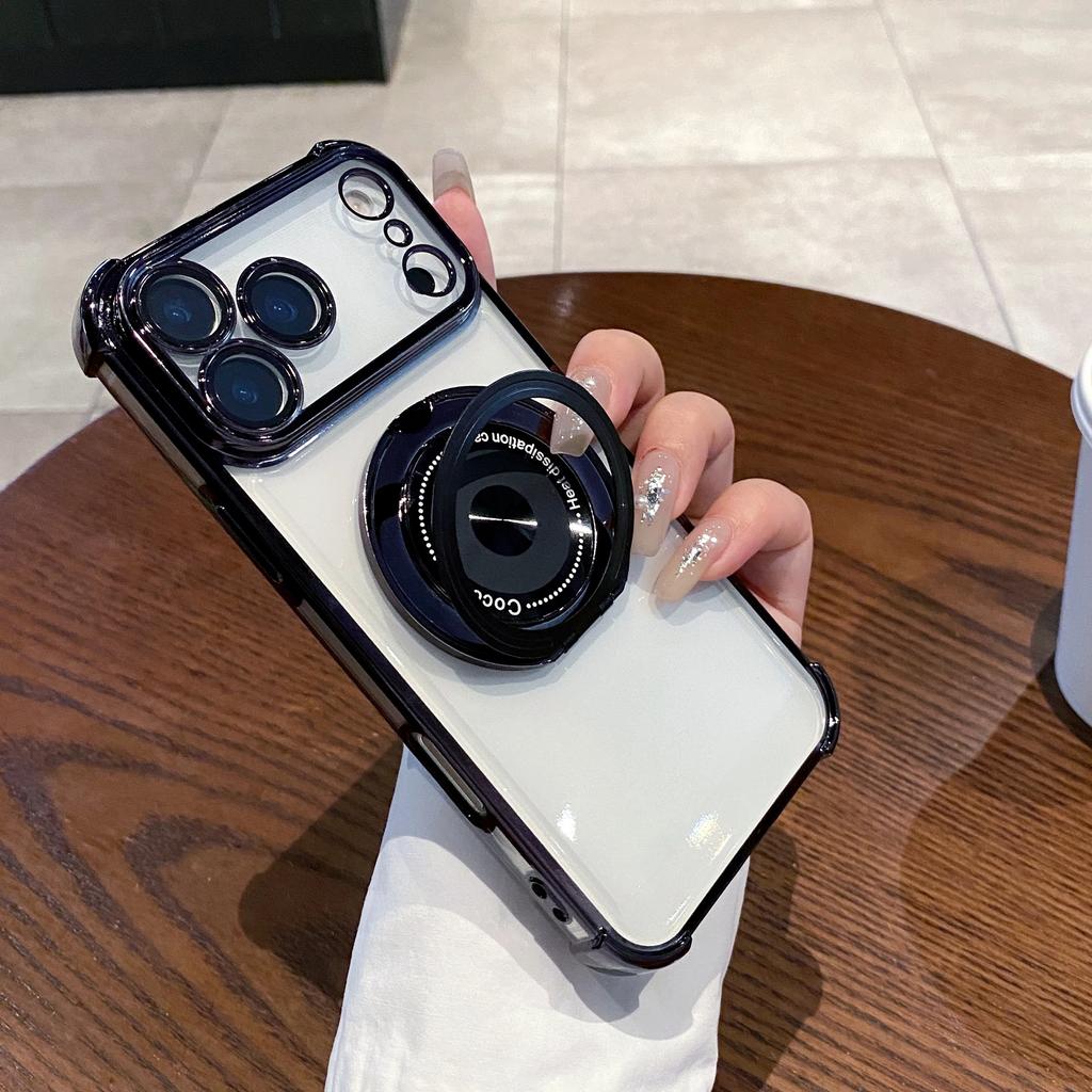 Rotating Stand Wireless Charge Clear Case For iPhone 17 Air 16E 15 14 Plus 12 13 11 Pro Max Four Corner Enhance Shockproof Cover