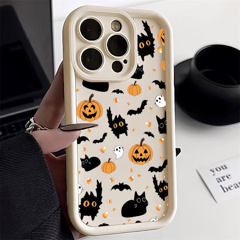 Чехол для телефона из силикона Soft TPU с рисунком кошки, тыквы и летучей мыши на Хэллоуин для iPhone 16 Pro Max 15 Plus 14 13 12 11 17 Air 16E Ударопрочный чехол