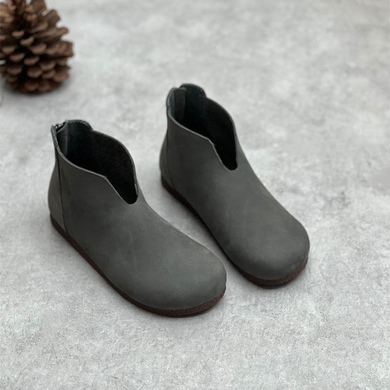 Осенние винтажные кожаные ботильоны ручной работы с круглым носком на плоской подошве из мягкой коровьей кожи, повседневная женская обувь