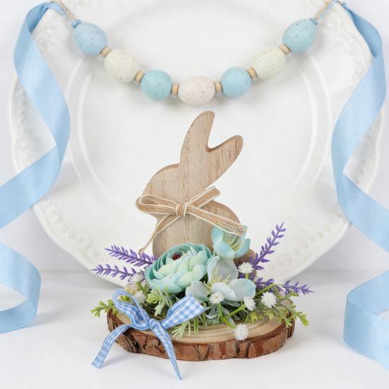Easter Bunny Wooden Sign Desktop Bunny Ornament with Artificial Flower Spring Party Tabletop Centerpiece for Tiered Tray Home Decor