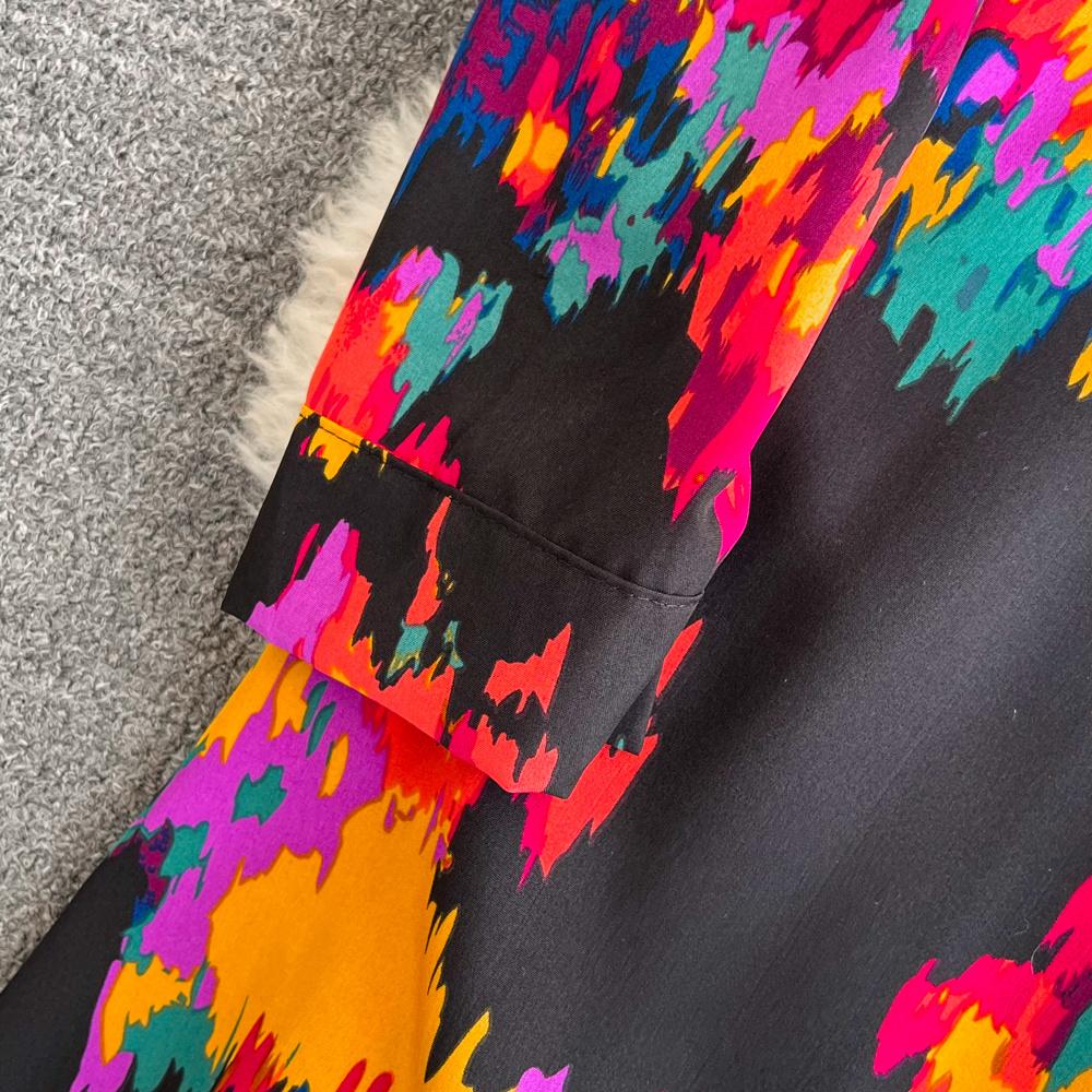 Новое осеннее модное женское платье с цветочным принтом, однобортное однобортное трапециевидное платье с отложным воротником и длинными рукавами, винтажные вечерние платья миди