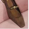 Fashion Arden Furtado 2025 Sheep suede word-cingulate mary jane shoes Square-head Low heel Metal chain Single shoe  Flat Shoes