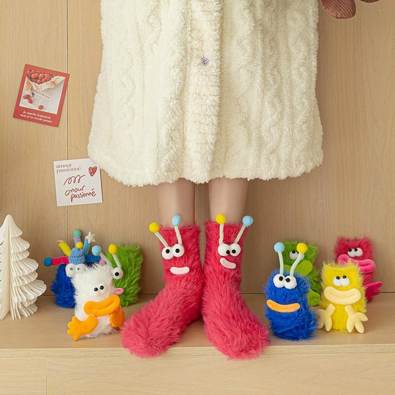 1 Pair Cartoon Socks Funny Expression Decoration Animal Big Eyes Thick Fuzzy Plush Warmth Retention Fall Winter Floor Socks Holiday Gift