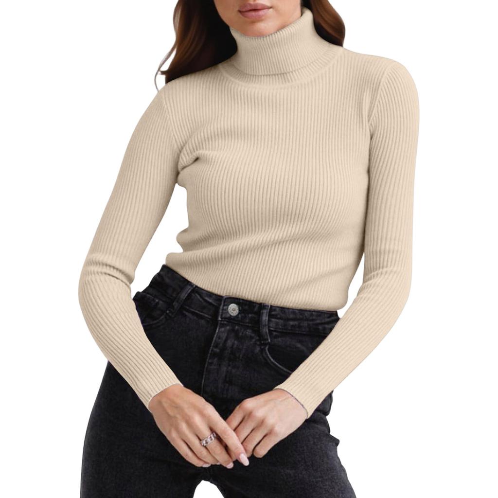 Женская модная футболка с высоким воротником, облегающая, с длинным рукавом, пуловер, однотонный топ