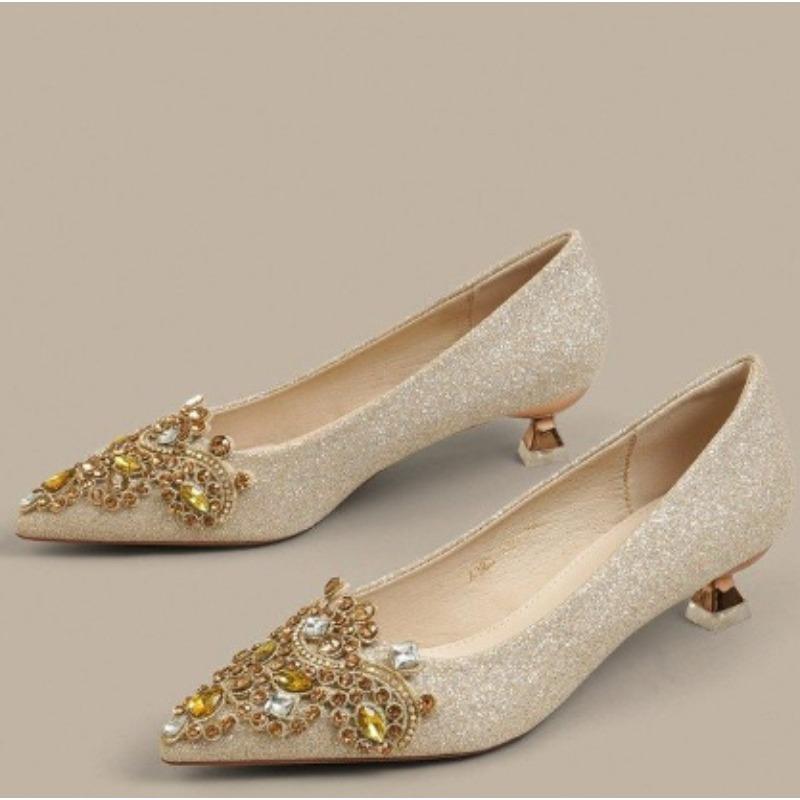 Туфли цвета шампанского с пайетками, двусторонние, с острым носком, на низком каблуке, свадебные, женские, удобные, для невесты и подружек невесты, Faiona...