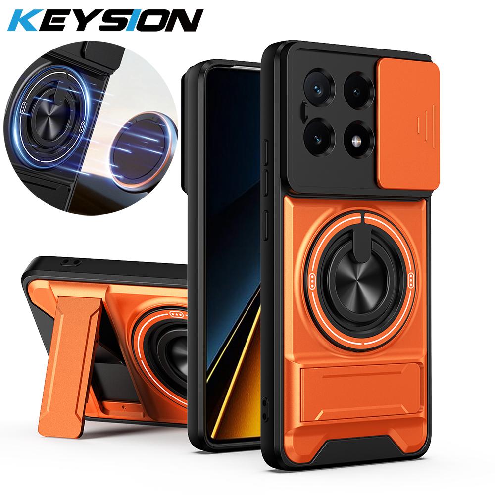 KEYSION Магнитный чехол для телефона Xiaomi POCO X6 Pro 5G Защита шторкой объектива камеры Вертикальная подставка Кольцо Ударопрочная задняя крышка