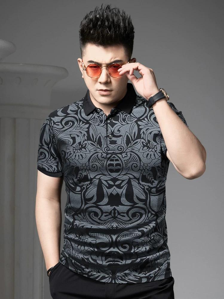 European Style 2025 New Trendy Brand Printed Short-Sleeve Polo Shirt for Men, Summer Slim Fit Turn-Down Collar T-Shirt Casual Top for Men
