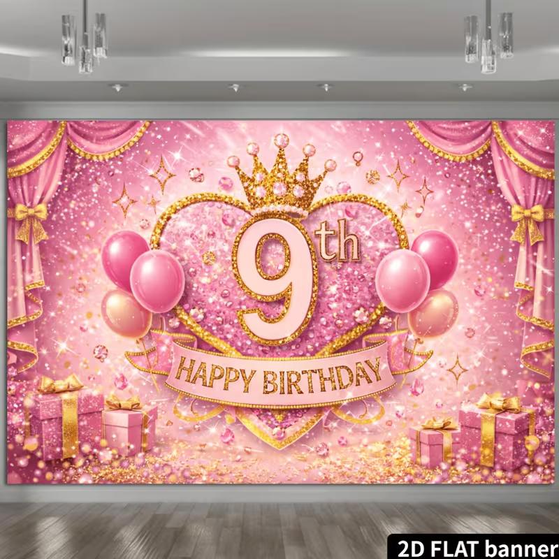 2D Pink Gold Glitter 9th Birthday Party Backdrop, Princess Themed Background Decoration