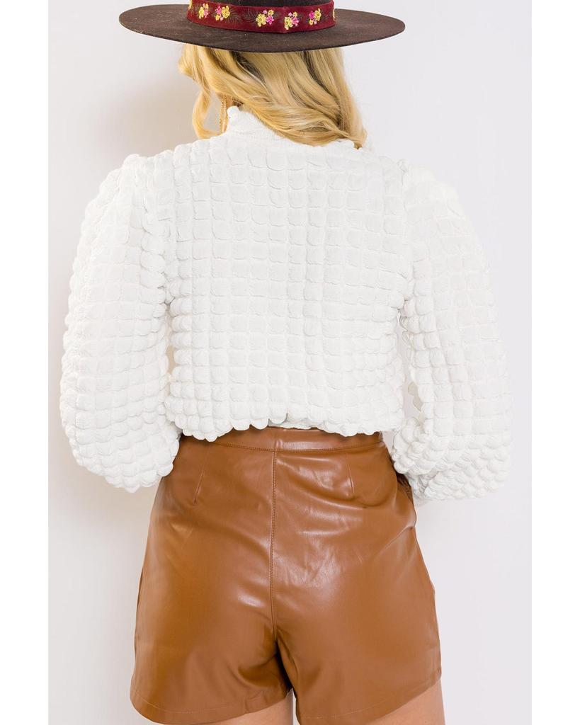 Azura Exchange White Textured Smocked Mock Neck Puff Sleeve Blouse