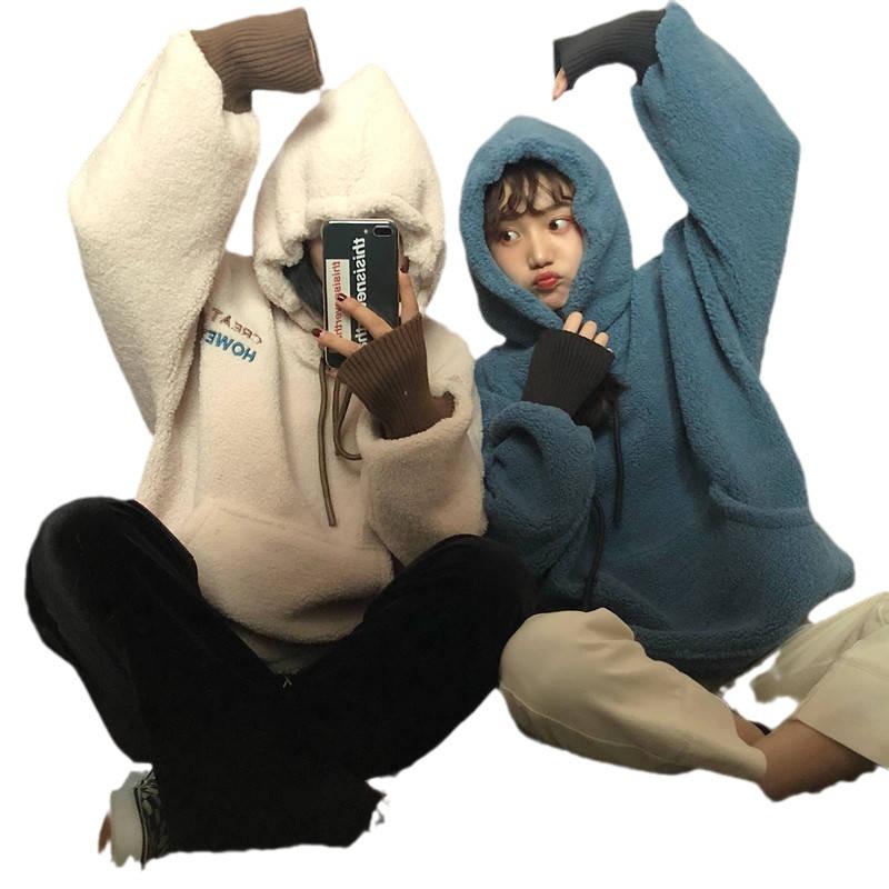 Women's Lambskin Letter Print Hooded Sweatshirt - Loose Fit, Autumn/Winter Korean Style