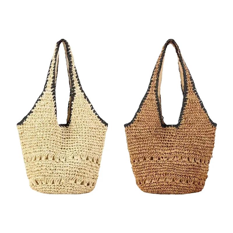 Women's Bohemian Mini Straw Beach Tote Bag - Handwoven Cotton Linen Large Capacity Bucket Bag with Soft Polyester Lining