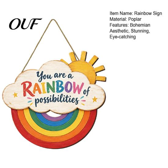 Positive Quote Wood Sign Boho Rainbow Sun Welcome Door Sign, Wall Hanging Plaque Ornaments with Inspirational Quote, Colorful Hanger for Bedroom,