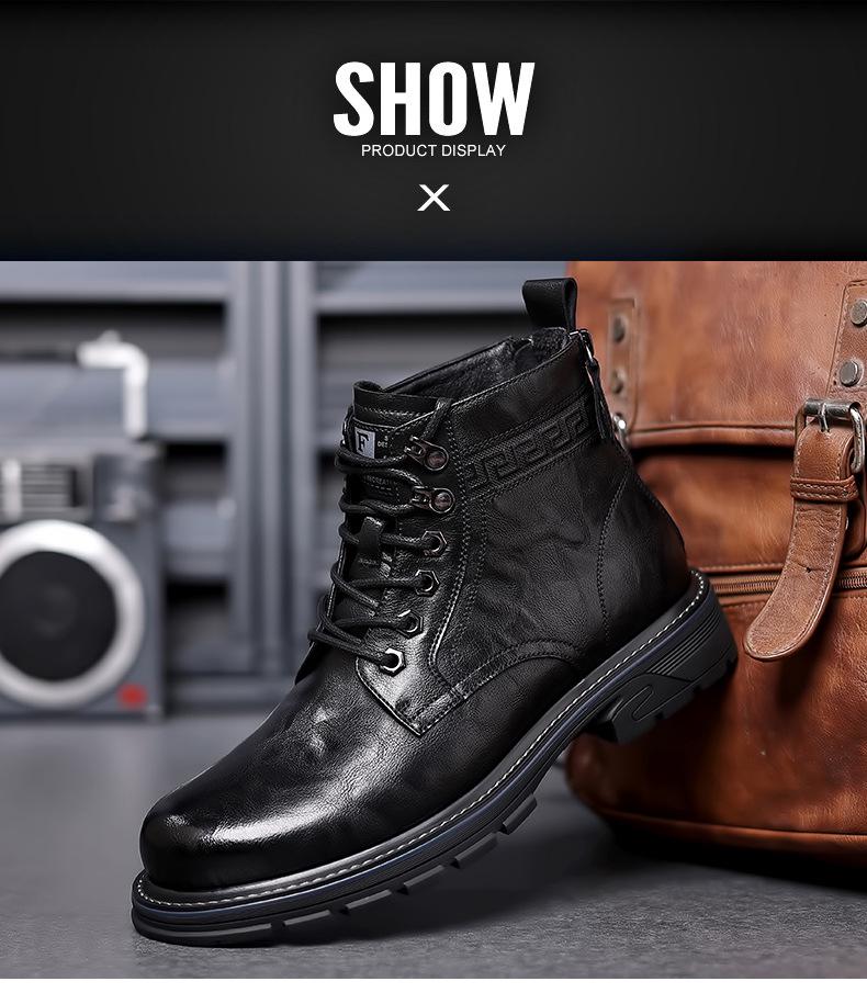 Men's Black High-Top Martin Boots - British Style Casual Motorcycle Leather Footwear for Autumn and Winter.