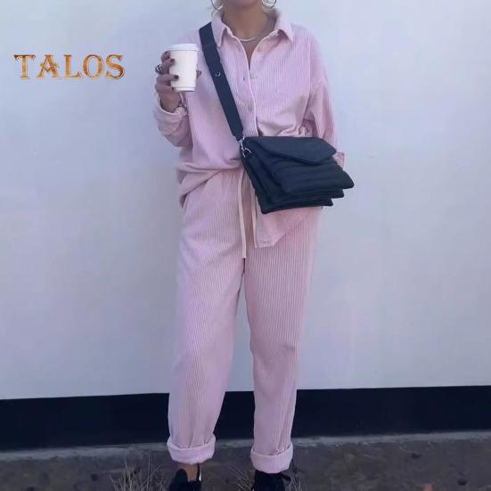 2 Pcs/Set Women Shirt Pants Set Turn-down Collar Single-breasted Long Sleeves Loose Top Drawstring Elastic Waist Wide Leg Trousers Sport Tracksuit