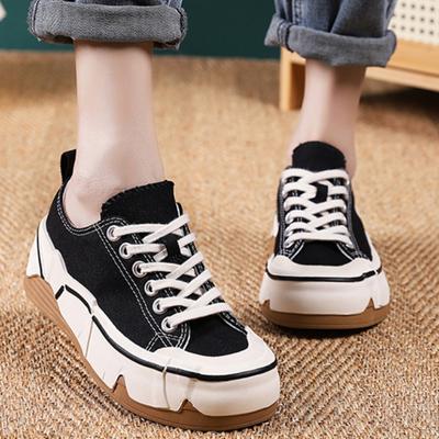 Женская обувь Весенние парусиновые туфли Женские кроссовки на толстой подошве Шнуровка Универсальные повседневные парусиновые женские вулканизированные туфли