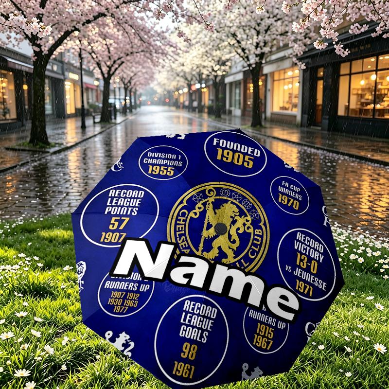 Custom Name Personalized Chelsea F.C Print Umbrella, Auto Open Close, 8‑Rib Sturdy Frame, Commute Camping Hiking Use, Birthday Gift