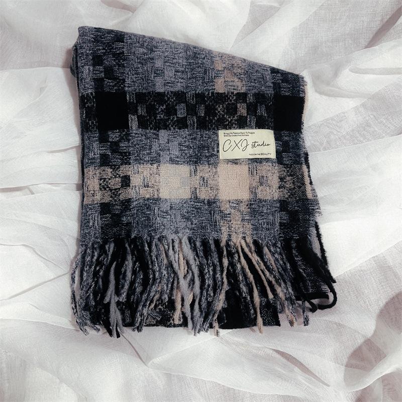 2024 Autumn/Winter New Women'S Mosaic Grid Thickened And Extended Warm Scarf With Contrast Color, High Grade Tassel Versatile Scarf And Shawl