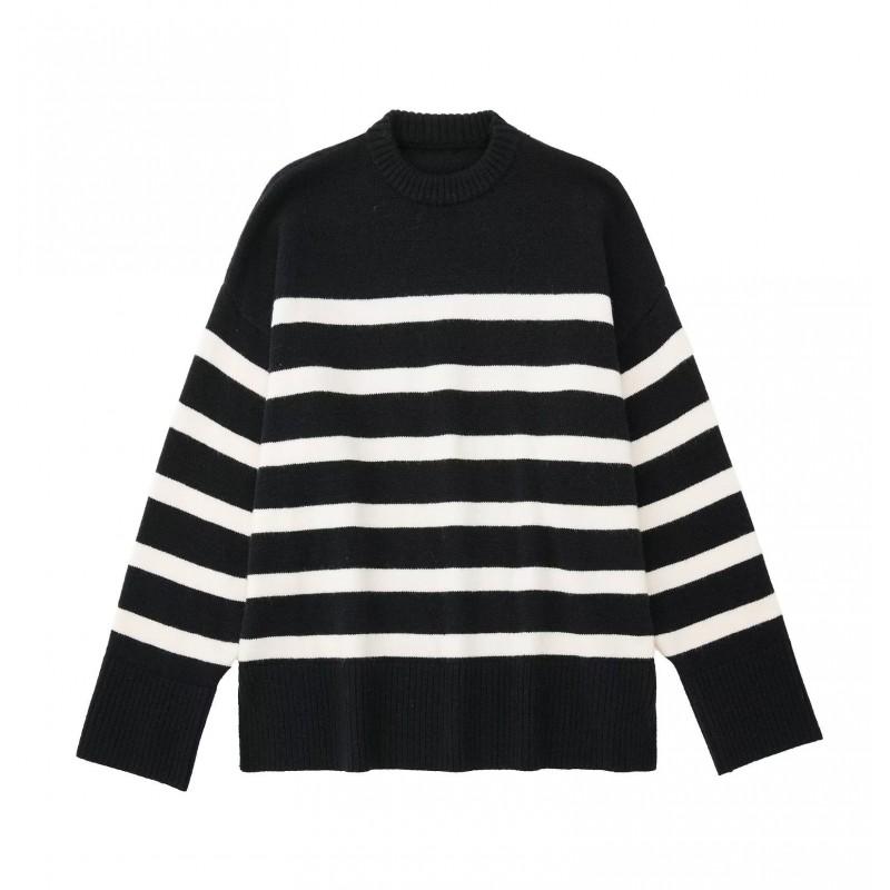 Womens Striped Long Sleeve Round Neck Knit Sweater Loose Fit Street Style Acrylic Pullover