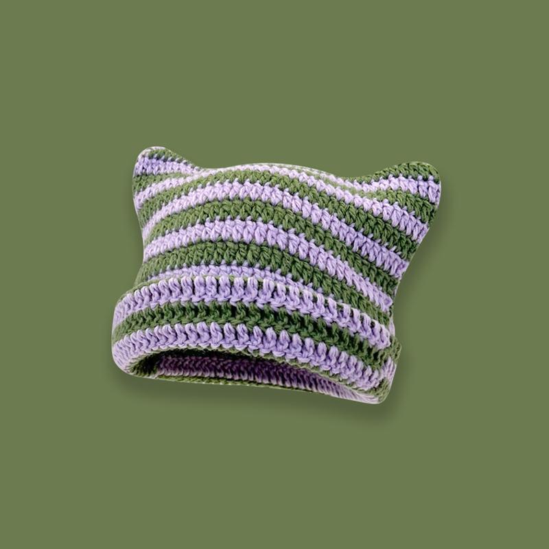 Милая вязаная шапка-бини в полоску с рогом дьявола, осенне-зимняя вязаная шерстяная шапка, острый пуловер для девочек с кошачьими ушками, женские шапки с капюшоном