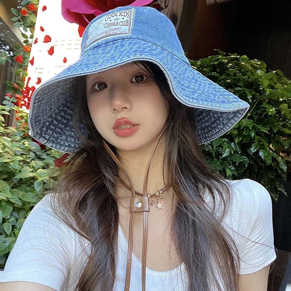 Wide-Brimmed Retro Fisherman Hat Sunshade Sun Protection Basin Cap Denim Bucket Hats Women