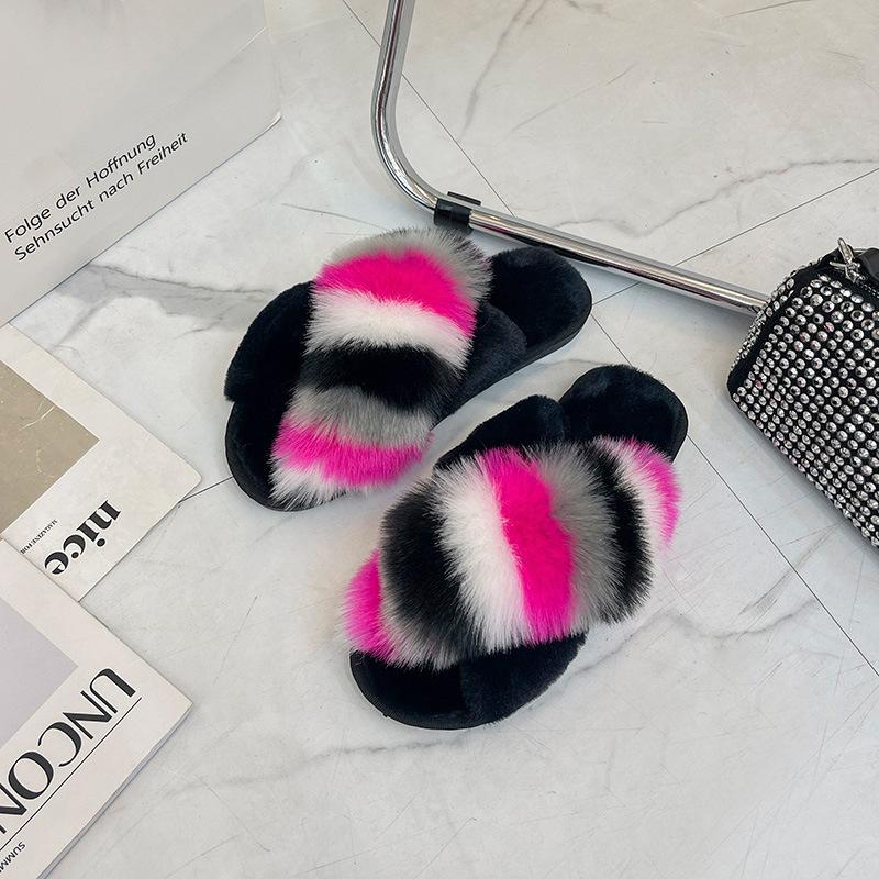 Большой размер 43 зимние новые стильные плюшевые тапочки для девочек роскошные пушистые меховые тапочки модная обувь плюшевые крестовые домашние теплые тапочки для женщин