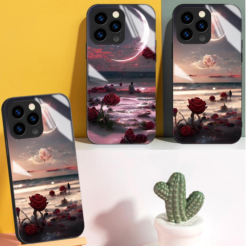 Закаленный стеклянный корпус с рисунком роз и цветов, защитный чехол из ТПУ, мягкий чехол для iPhone Samsung
