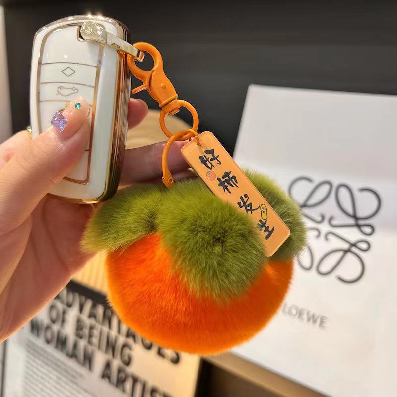 Persimmon Rex Rabbit Fur Keychain Pendant - Plush Good Luck Bag Charm for Couples