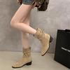 Short Boots 2025 Autumn and Winter New Suede Round Head Thick Heel Medium Heel Short Boots Pleated Pile Boots High Heel Western Boots