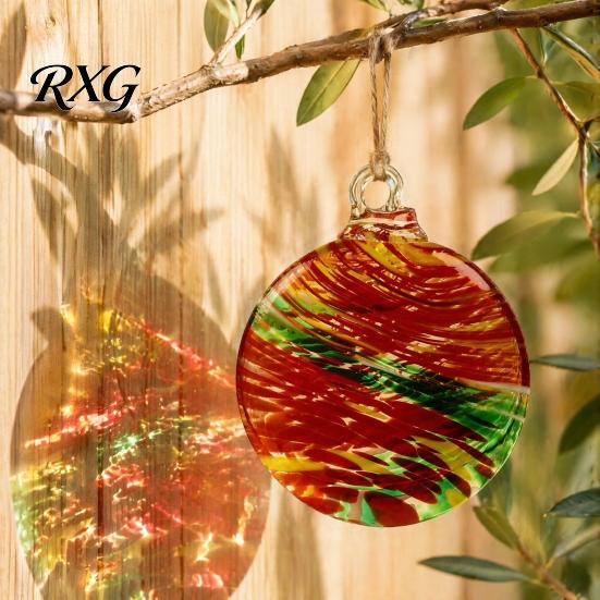 Durable Hanging Ornament for Balcony Hand-Blown Glass Round Disc Ornament, Christmas Tree Decoration with Unique Patterned Hemp Rope Outdoor