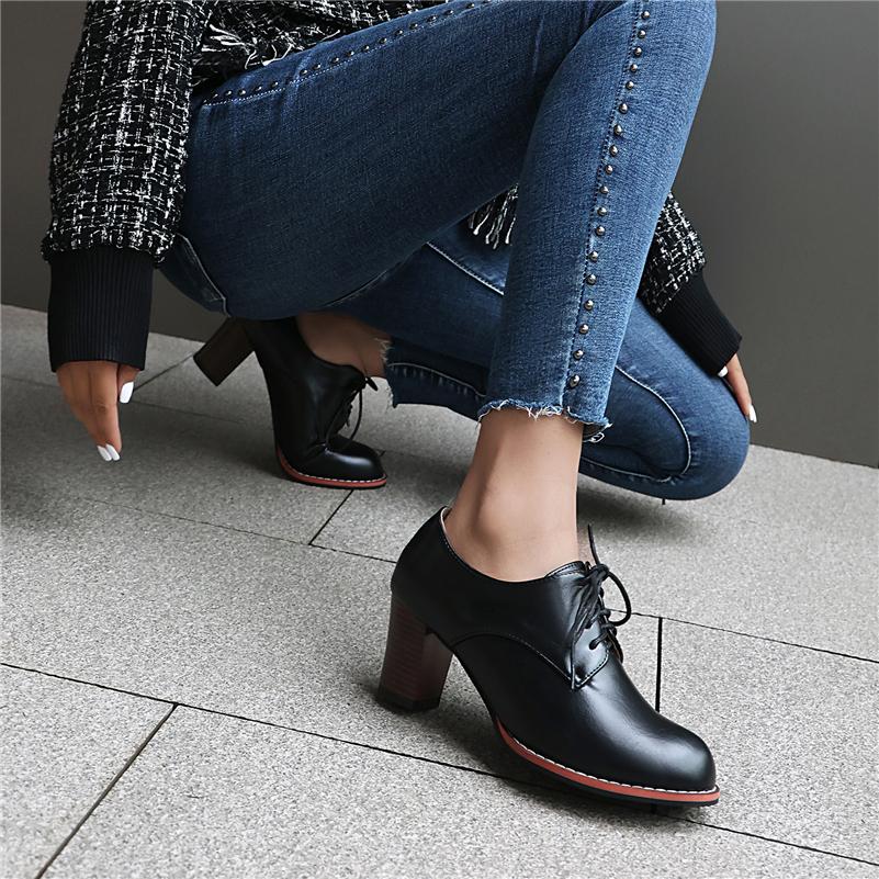 FOREADA Женские туфли-лодочки из искусственной кожи с круглым носком, на толстом высоком каблуке, на шнуровке, лаконичного дизайна, женская модная обувь, весна-осень, зеленые, черные, 44