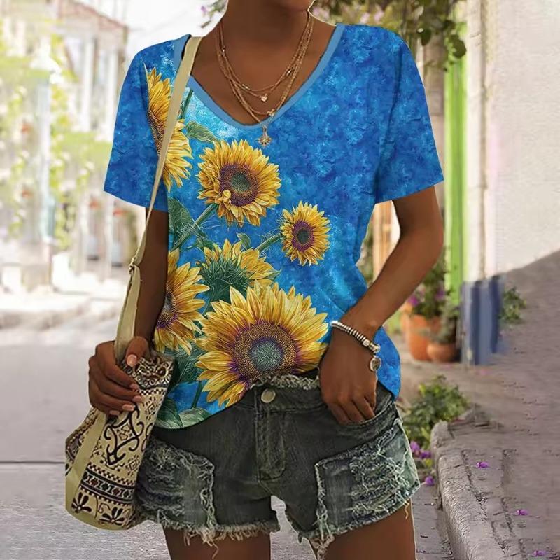 V-neck T-shirt Daily Fashion Tops Women's Short Sleeve Floral Printed Patterns Plus Size Loose Women's Clothing Outdoor T-Shirt